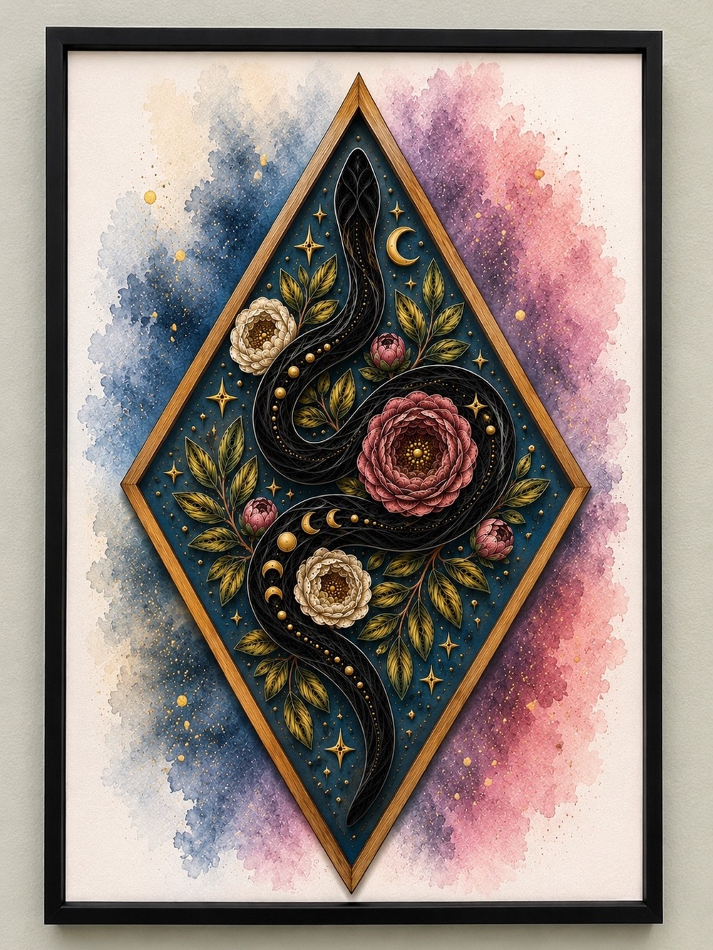 11x14 Black Framed Mystical Snake Floral Wall Art Print